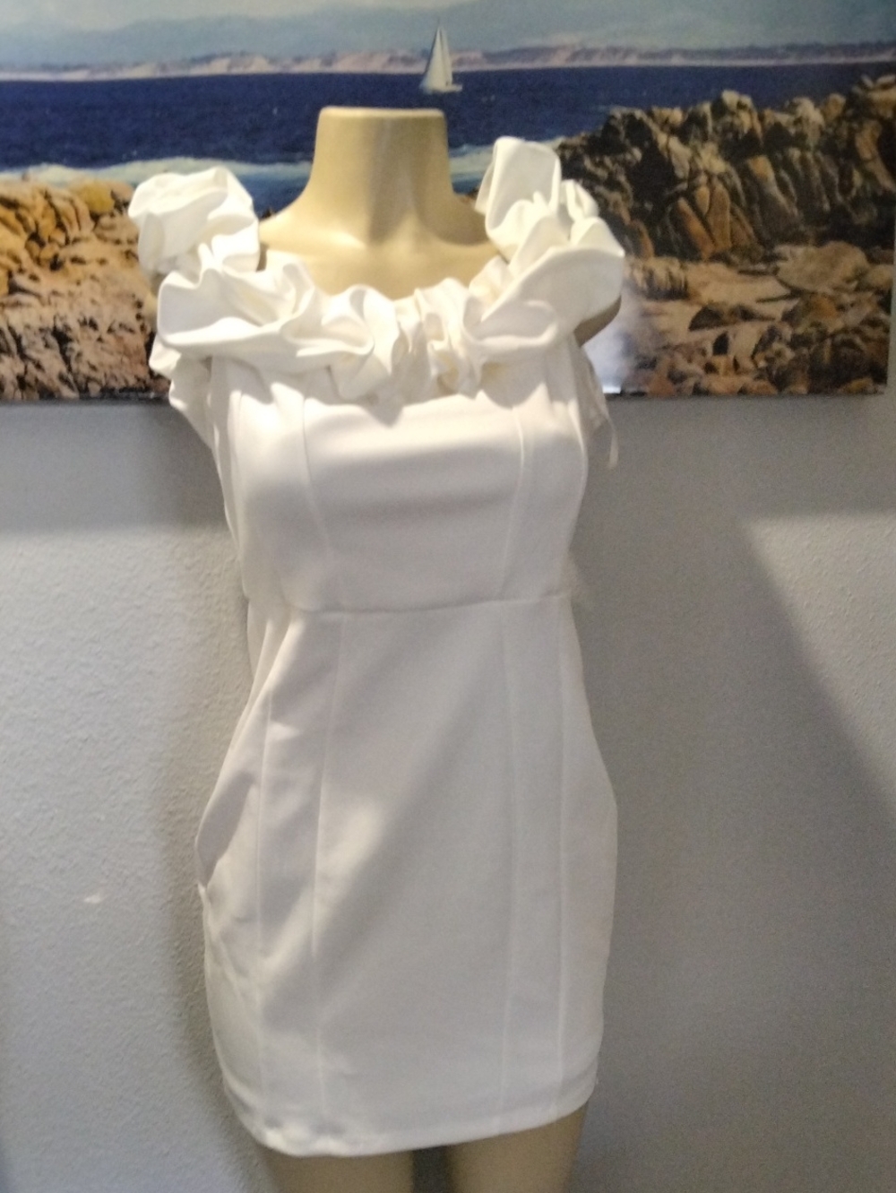 Windsor White Ruffle-Neck Mini Dress